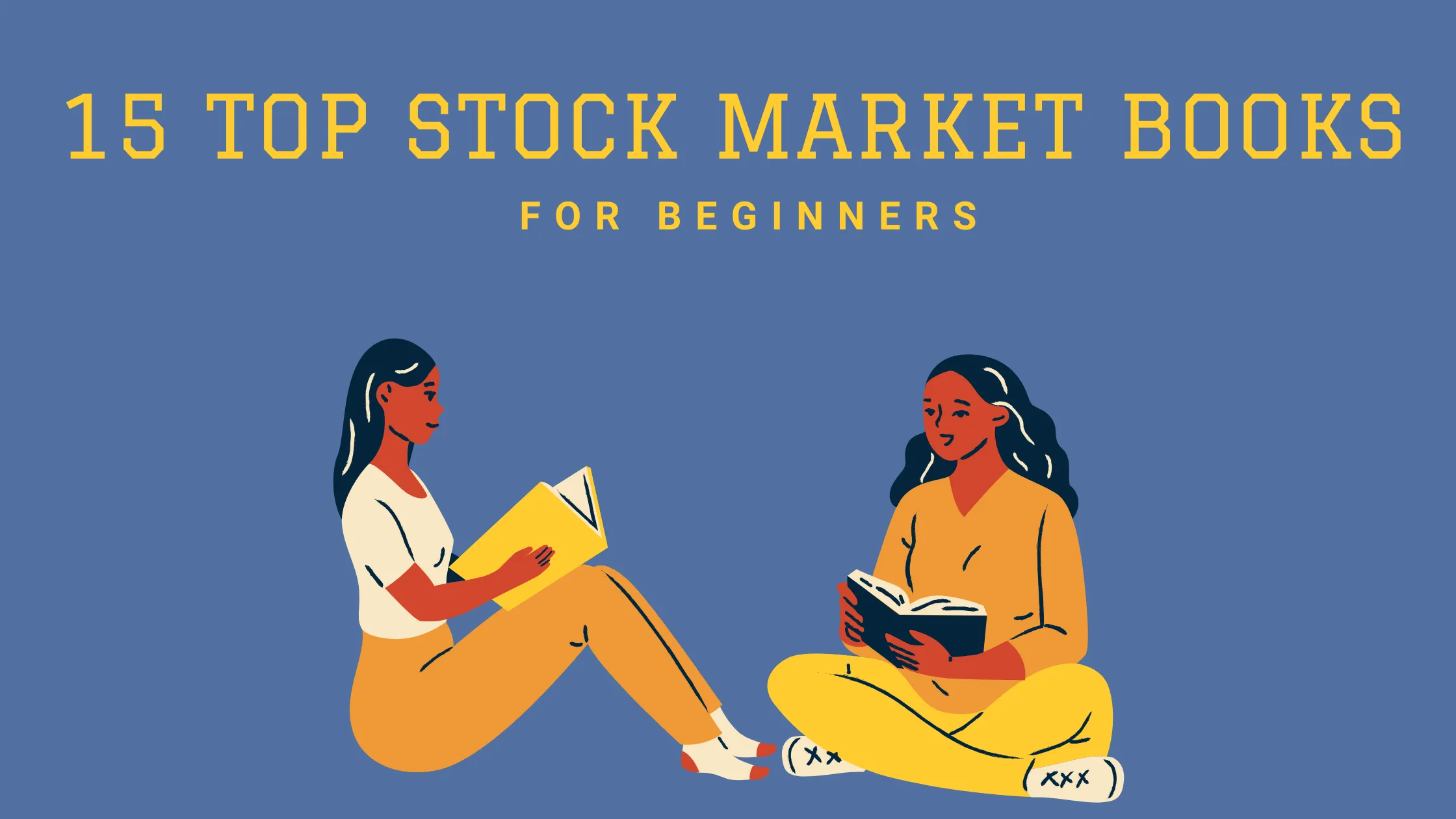 Illustration of two women reading, with the title “15 Top Stock Market Books for Beginners”