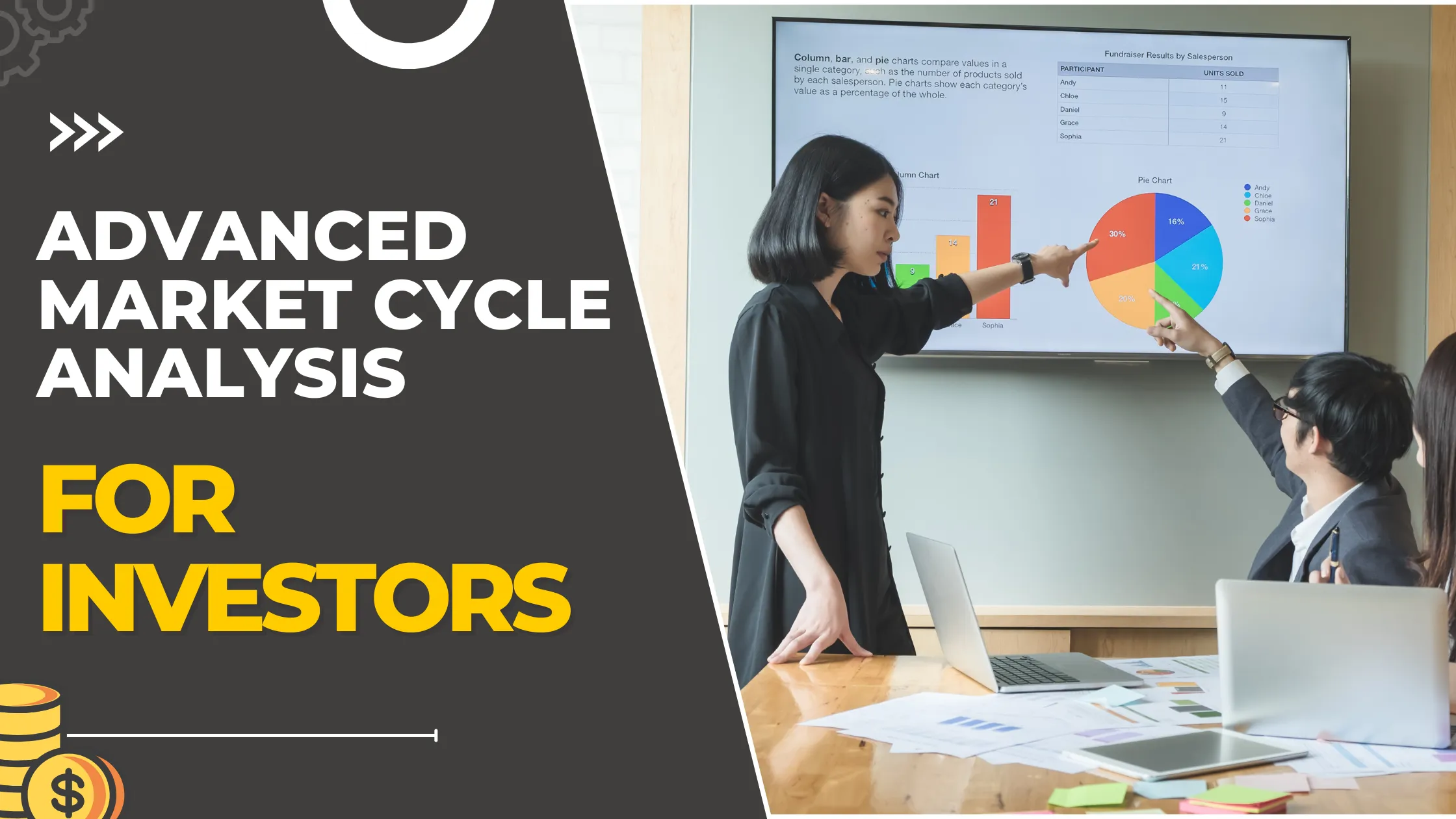 Graphic reading “Advanced Market Cycle Analysis for Investors” beside a photo of a woman presenting charts