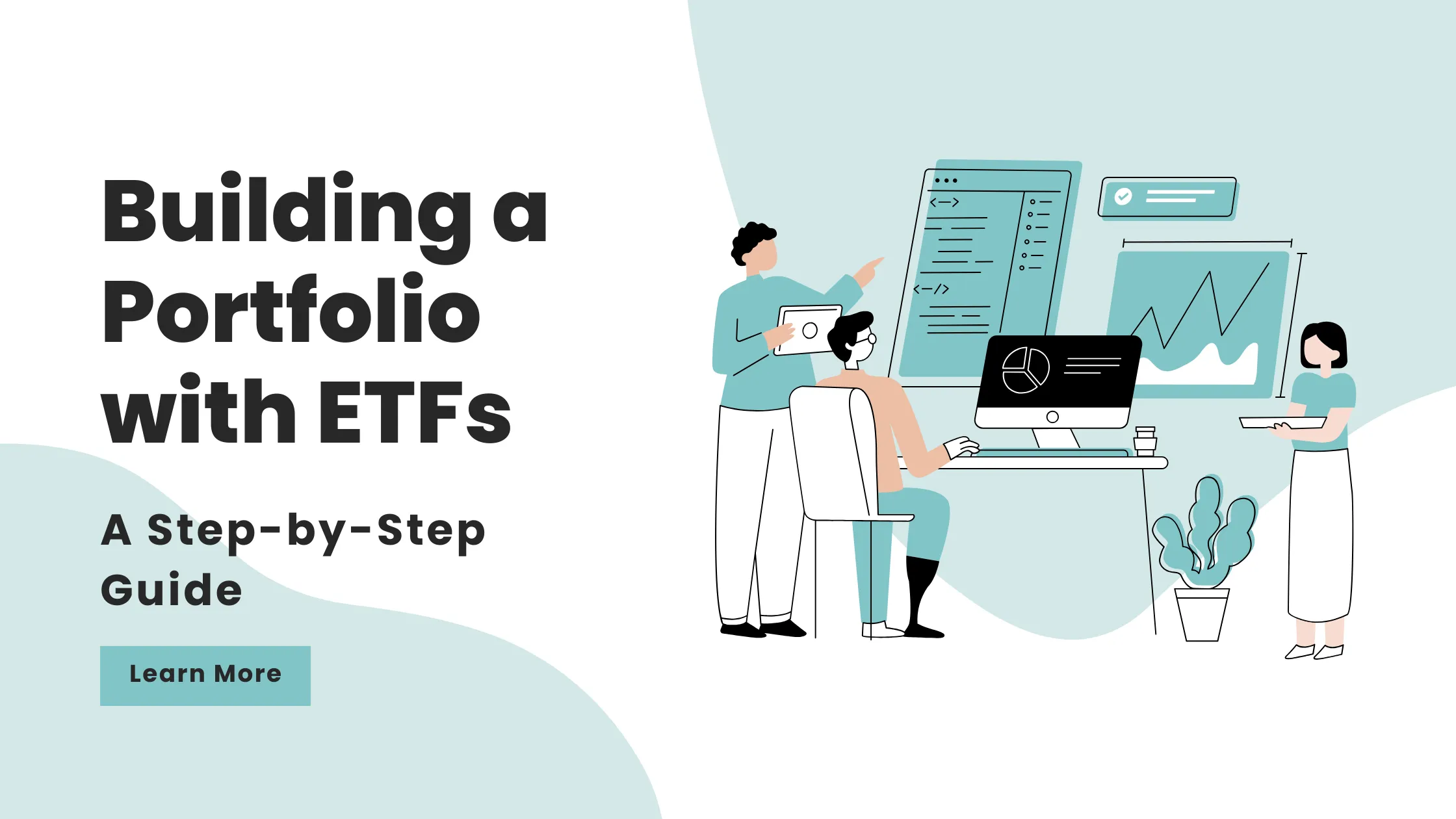 Illustration of people at computer screens, titled “Building a Portfolio with ETFs: A Step-by-Step Guide”