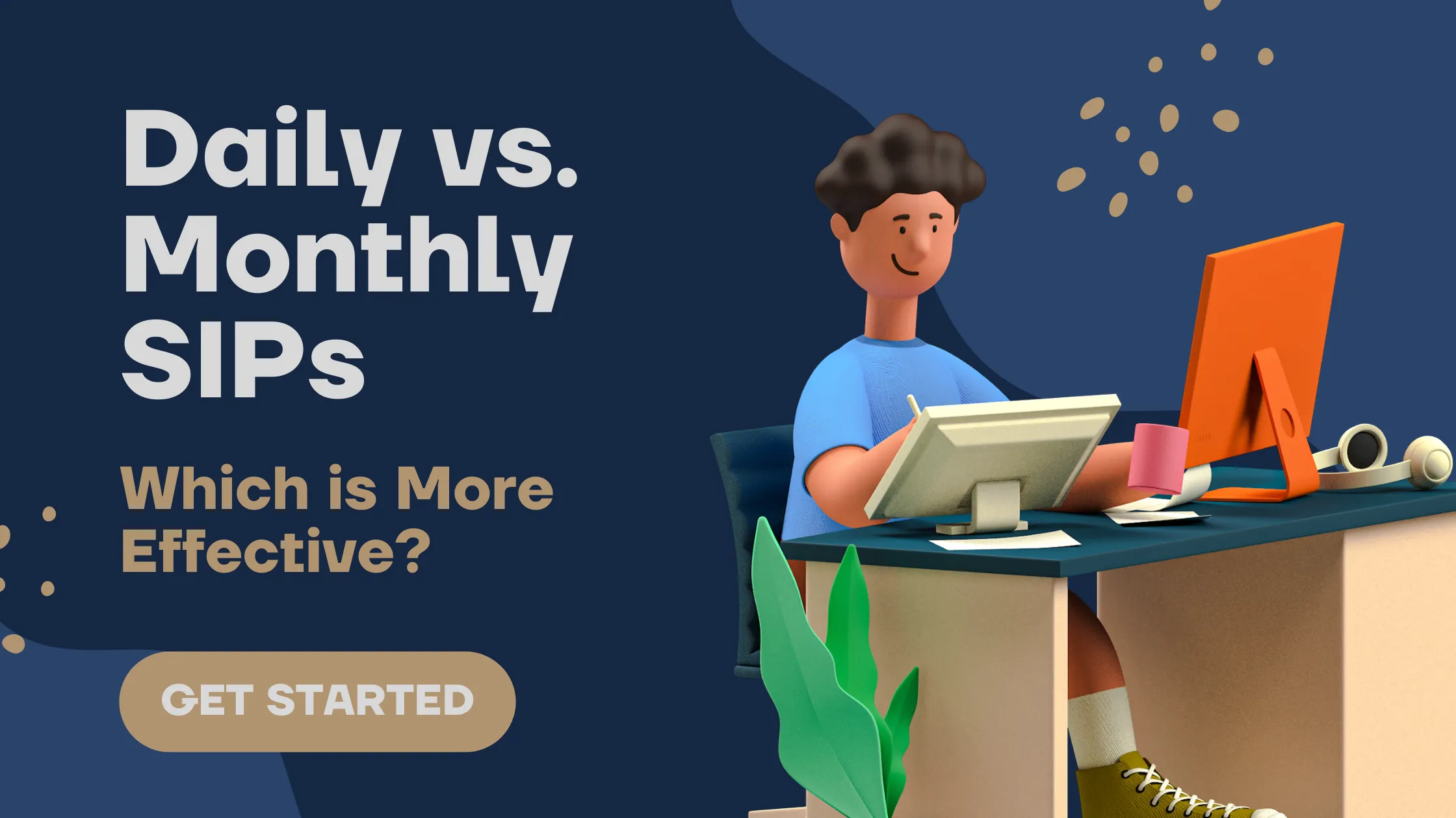Illustration of a man at a computer, titled “Daily vs. Monthly SIPs: Which is More Effective?”