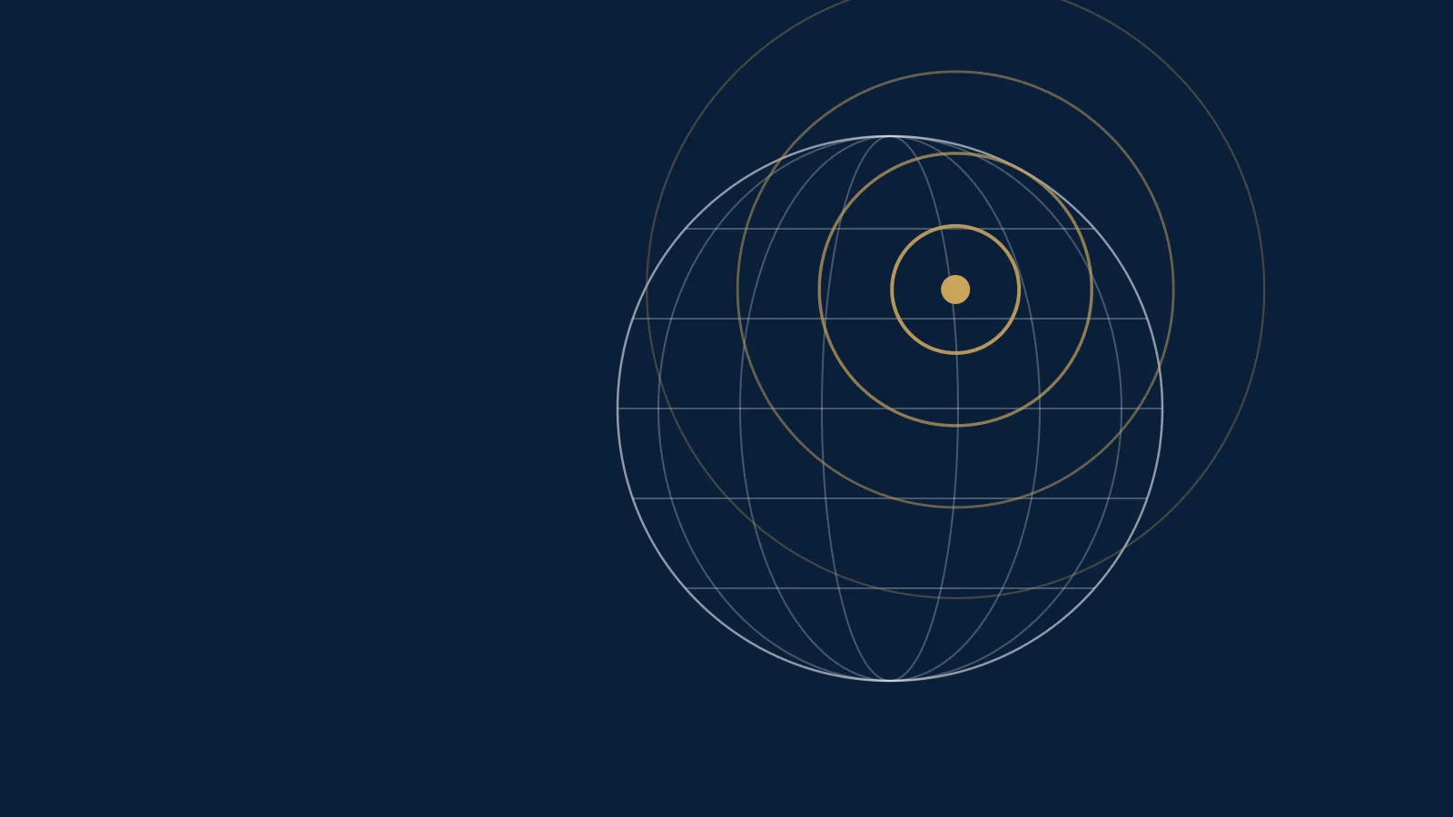 EquityBox illustration: a globe on navy with gold ripples spreading from one point