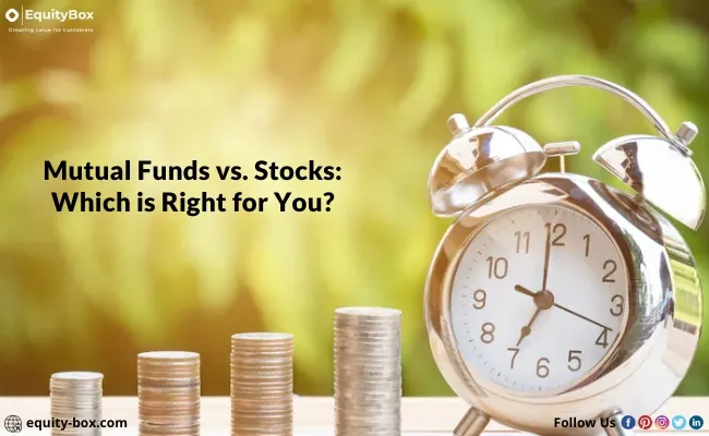 An alarm clock beside rising stacks of coins, titled “Mutual Funds vs. Stocks: Which is Right for You?”