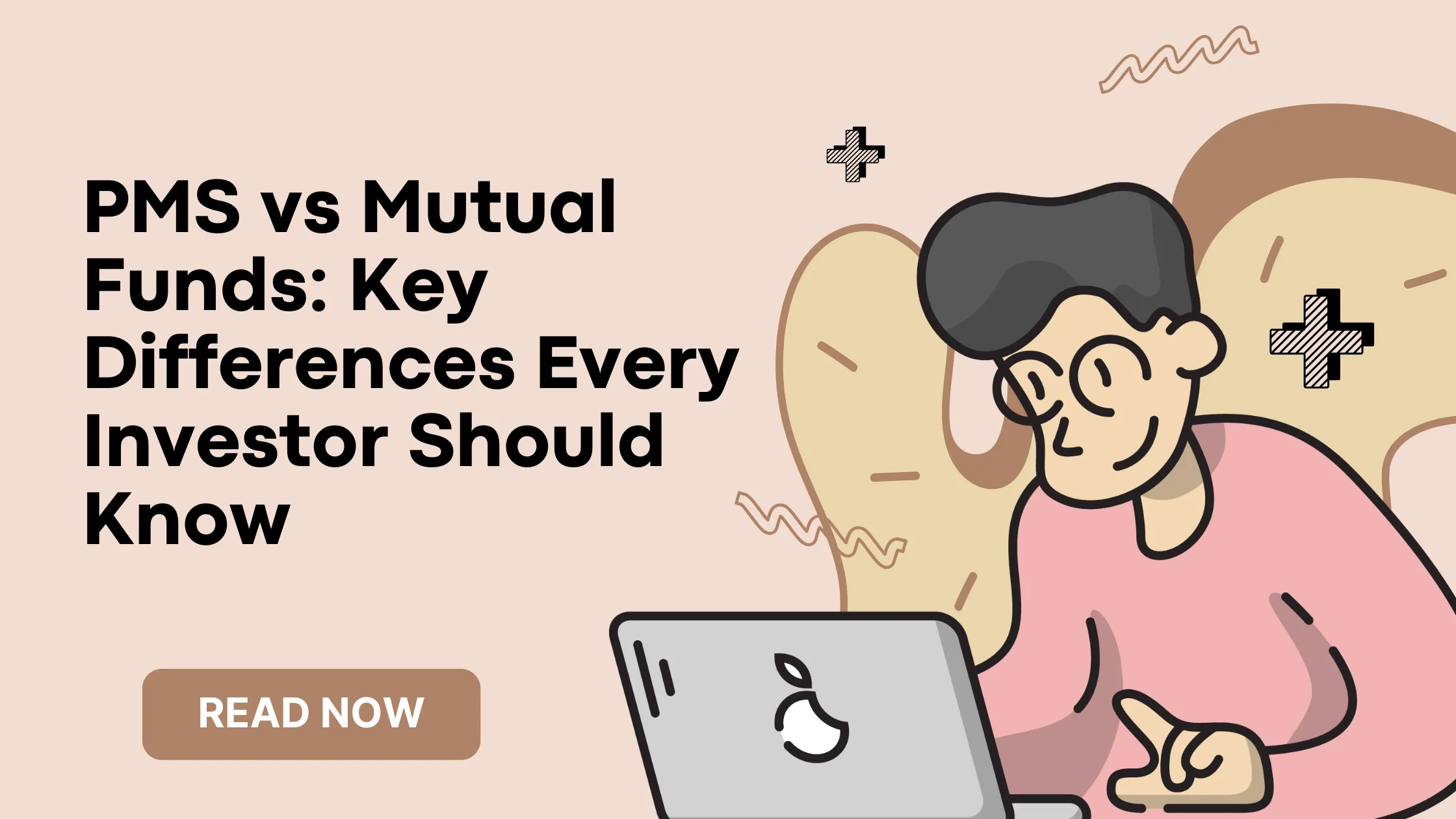 Illustration of a person at a laptop, titled “PMS vs Mutual Funds: Key Differences Every Investor Should Know”