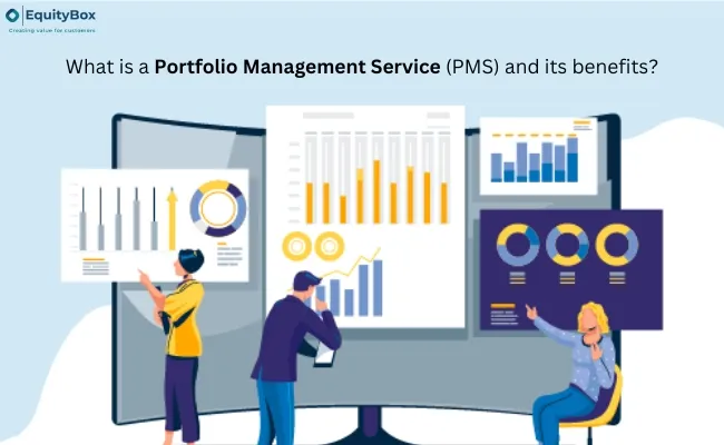 Illustration of people analysing charts on screens, titled “What is a Portfolio Management Service (PMS) and its benefits?”