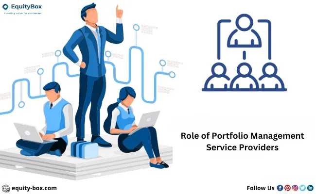 Illustration of a team leader and colleagues working on laptops, titled “Role of Portfolio Management Service Providers”