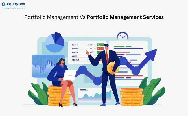 Illustration of two people with charts and coin stacks, titled “Portfolio Management Vs Portfolio Management Services”