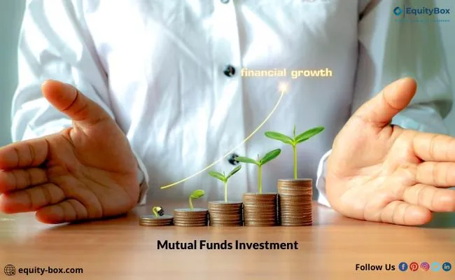 Two hands around stacks of coins with plants, with the text “Mutual Funds Investment”